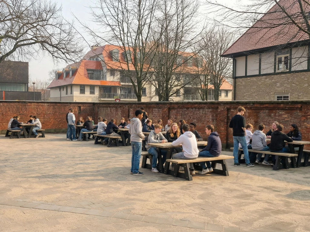 Vary___Let__15_yo_school_children_in_casual_clothes_sit_around_the_picknick_tables_this_scene__Reali kopie.webp